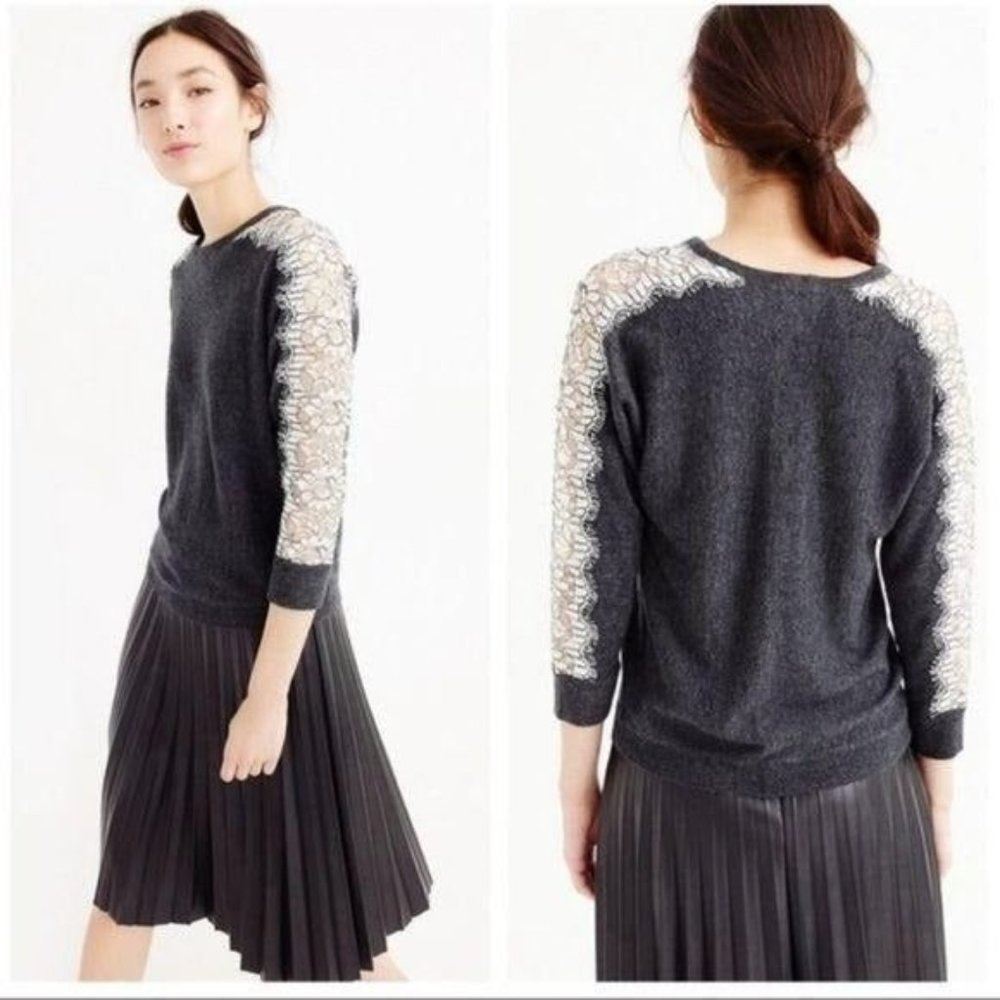 J. Crew Dark Gray Lightweight Lace Sleeves Pullover Sweater XS